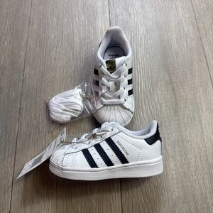 Adidas Superstar Toddler Shoes Cloud White Gold Sz 5k Kids Baby Extra Laces New